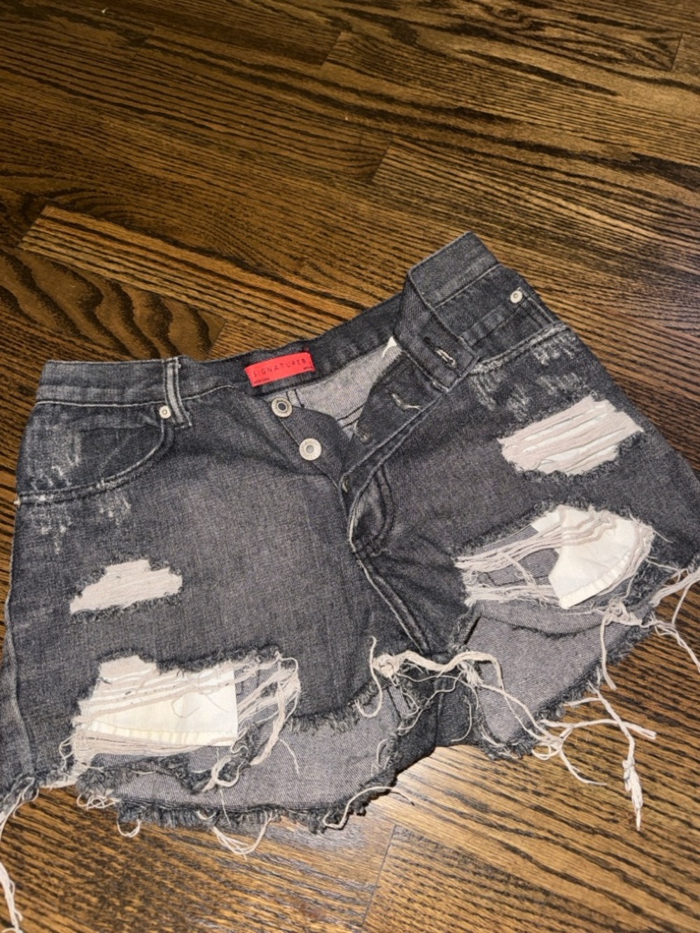 Signature8 Black Distressed Denim Shorts with White Underlay